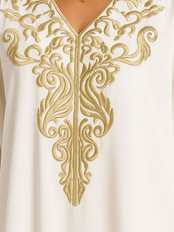 White Moroccan Kaftan Jalabiya – Premium Fabric with Moroccan Embroidery. Arabic jalabiyah