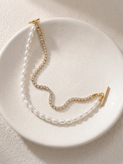 Lyxigt guldpläterat armband med dubbelkedja, glaspärlor och strass