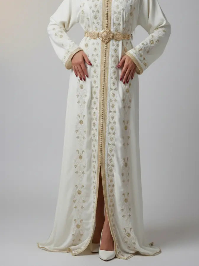 White bridal Moroccan kaftan with golden belt and embroidery