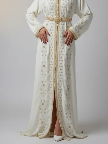 White bridal Moroccan kaftan with golden belt and embroidery