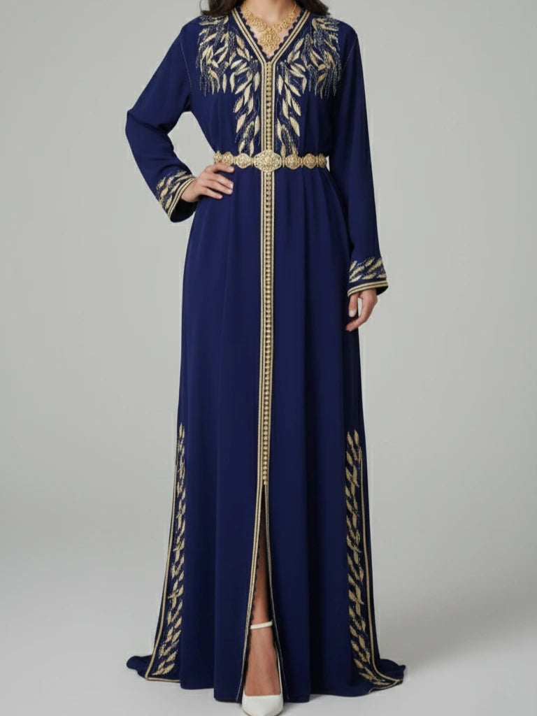 Premium marockansk kaftan med broderi och bälte, handgjord i Marocko. Sweden, Norway och Denmark.