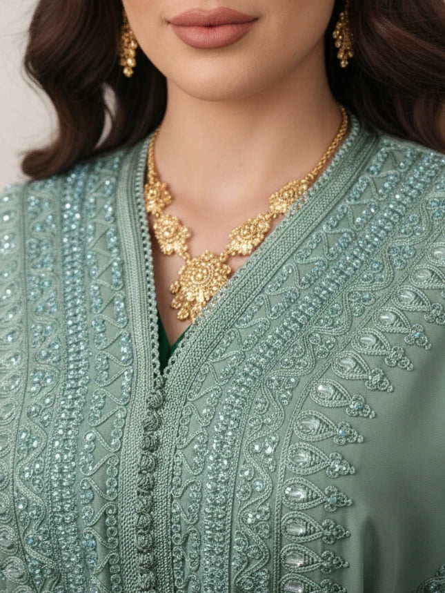 Authentic Moroccan kaftan gown featuring intricate embroidery and belt, perfect for weddings or Eid celebrations